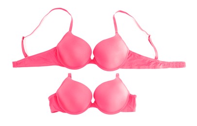 Image of Beautiful pink bra isolated on white, collage. Top view