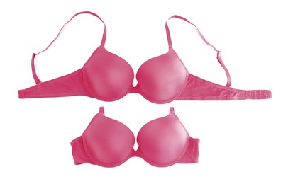 Image of Beautiful crimson bra isolated on white, collage. Top view