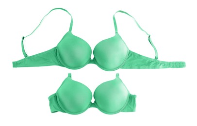 Image of Beautiful green bra isolated on white, collage. Top view