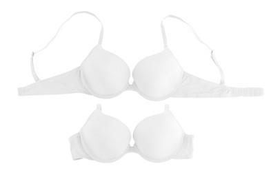 Image of Beautiful bra isolated on white, collage. Top view