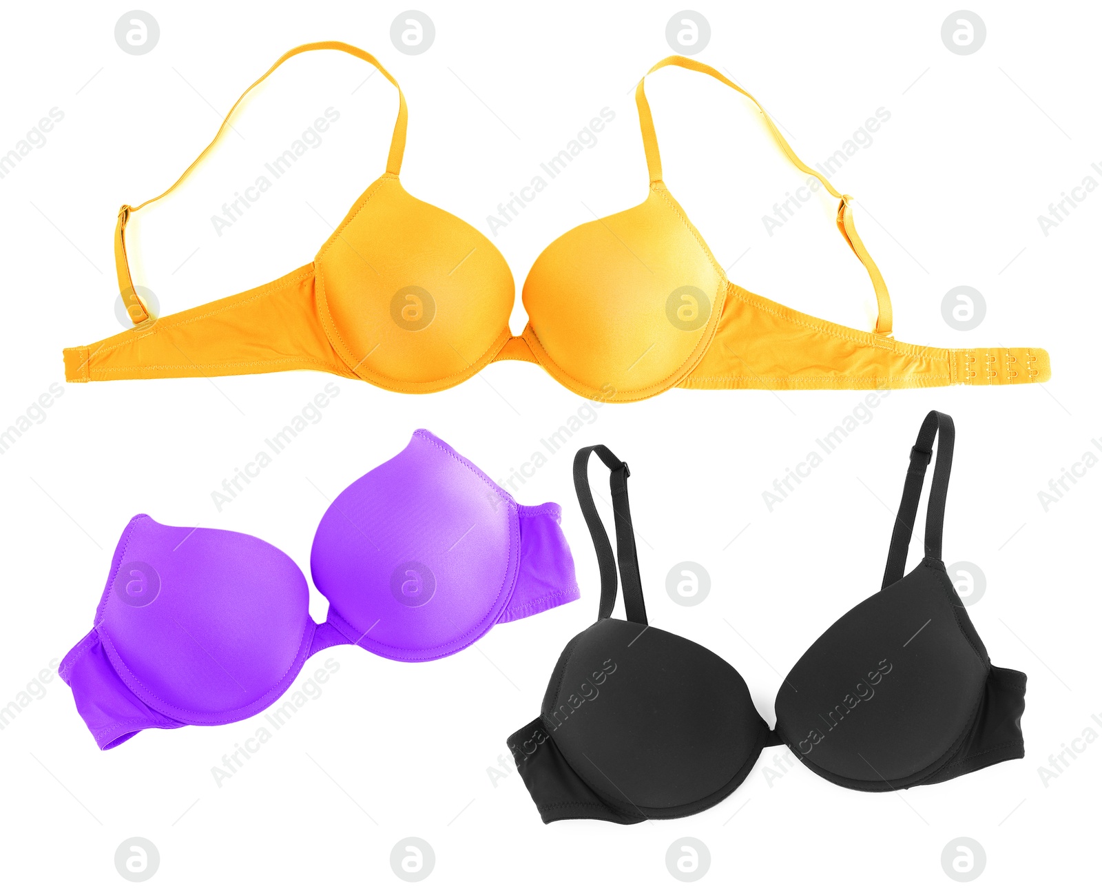 Bras of different colors isolated on white, collage. Top view Image of Bras of different colors isolated on white, collage. Top view