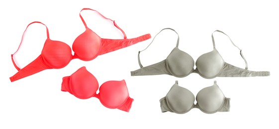 Image of Bras of different colors isolated on white, collage. Top view