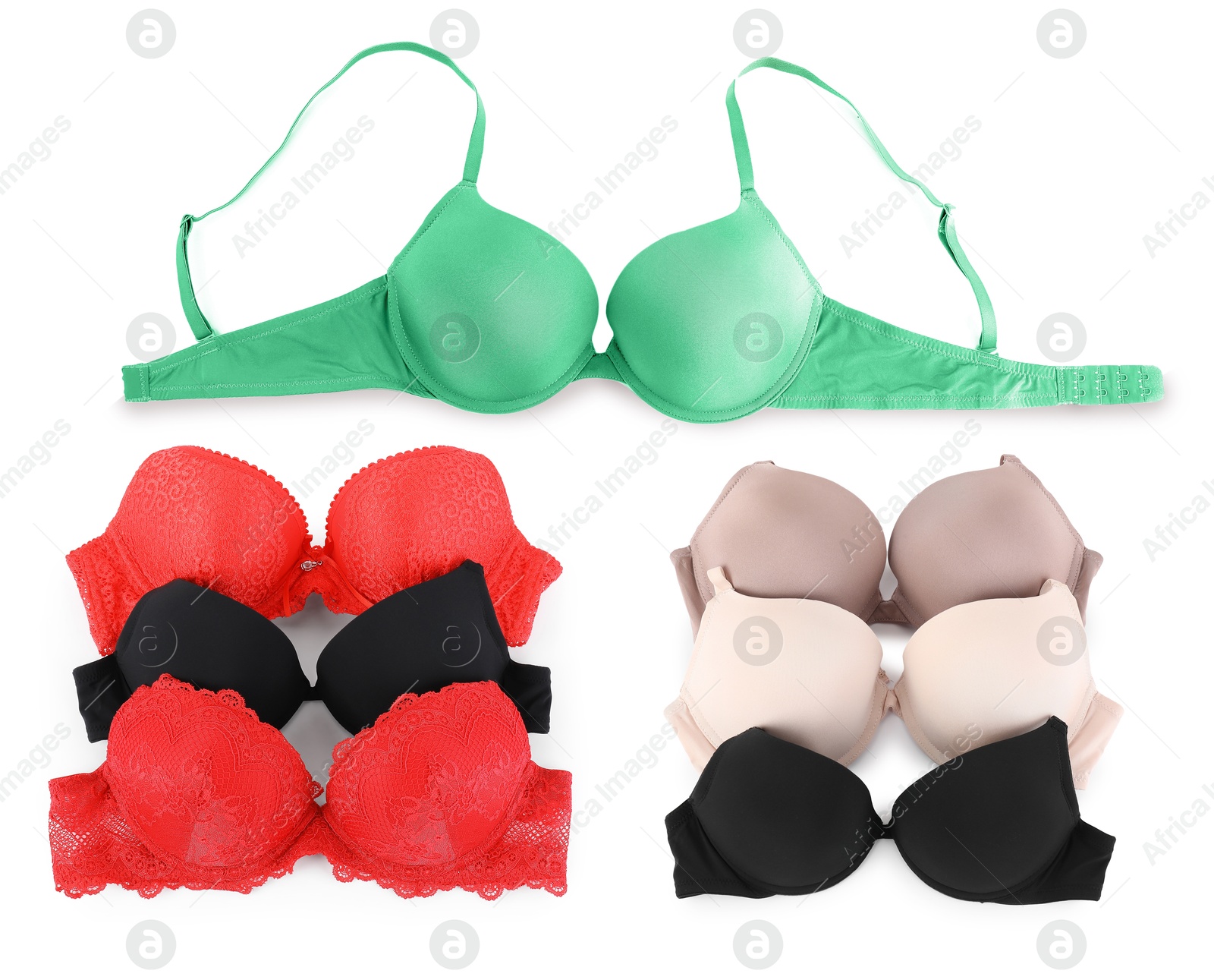 Bras of different colors isolated on white, collage. Top view Image of Bras of different colors isolated on white, collage. Top view