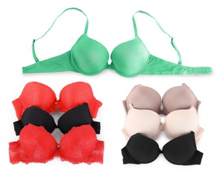 Image of Bras of different colors isolated on white, collage. Top view