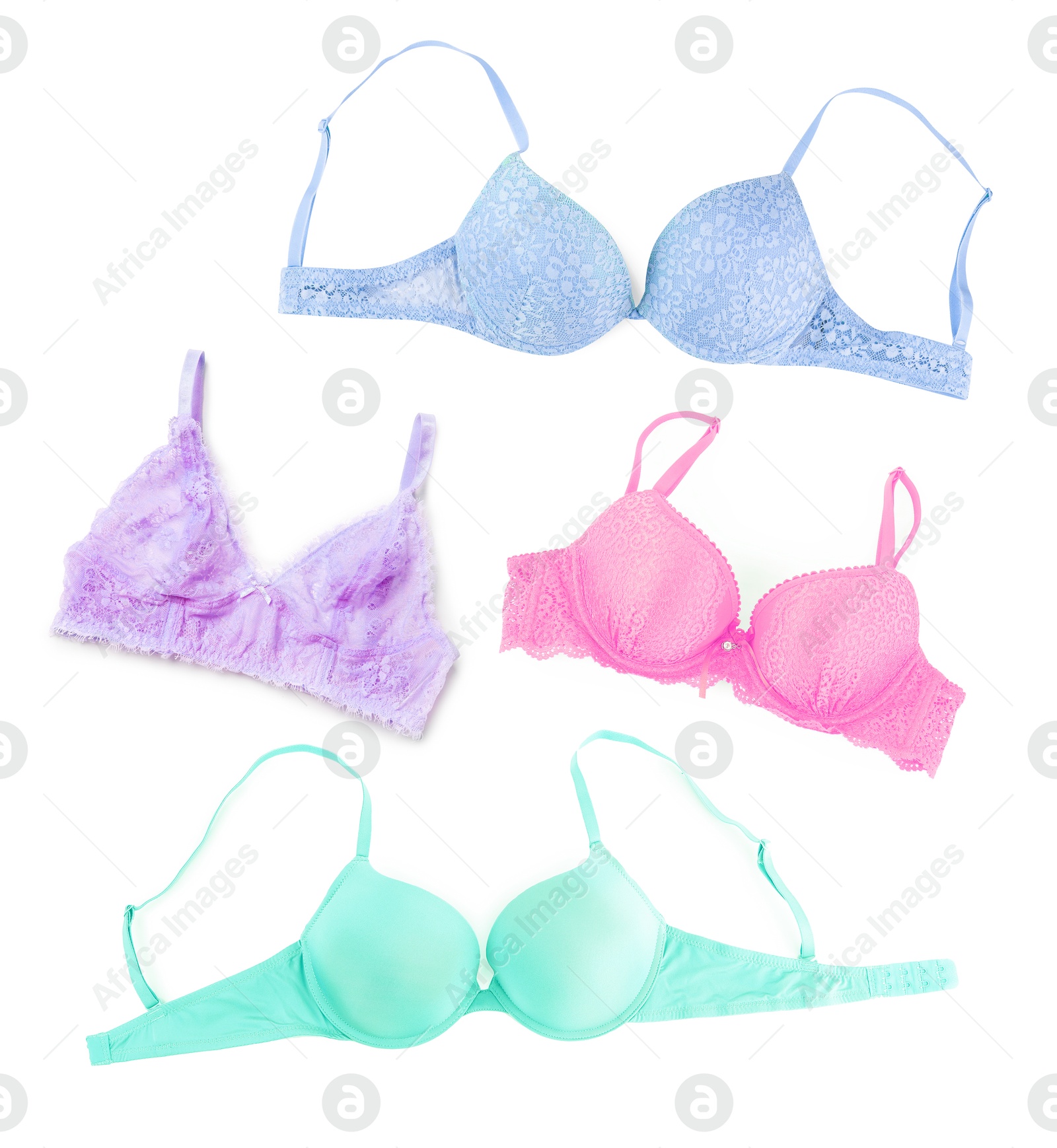 Bras of different colors isolated on white, collage. Top view Image of Bras of different colors isolated on white, collage. Top view