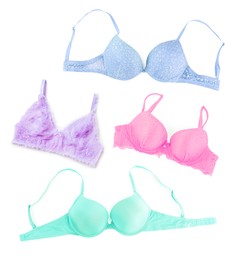 Image of Bras of different colors isolated on white, collage. Top view