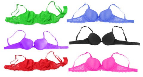 Image of Bras of different colors isolated on white, collage. Top view