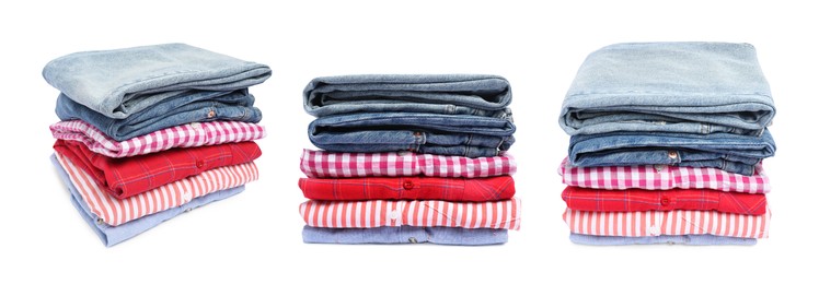 Image of Stack of folded used clothes isolated on white, collage