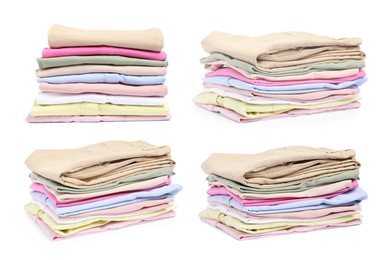 Image of Stack of folded used clothes isolated on white, collage