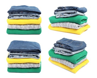 Image of Stack of folded used clothes isolated on white, collage