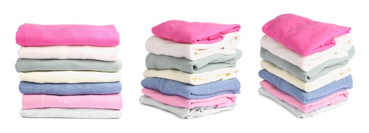 Image of Stack of folded used clothes isolated on white, collage