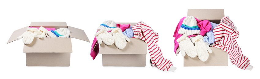 Image of Used clothes in cardboard box isolated on white, collage
