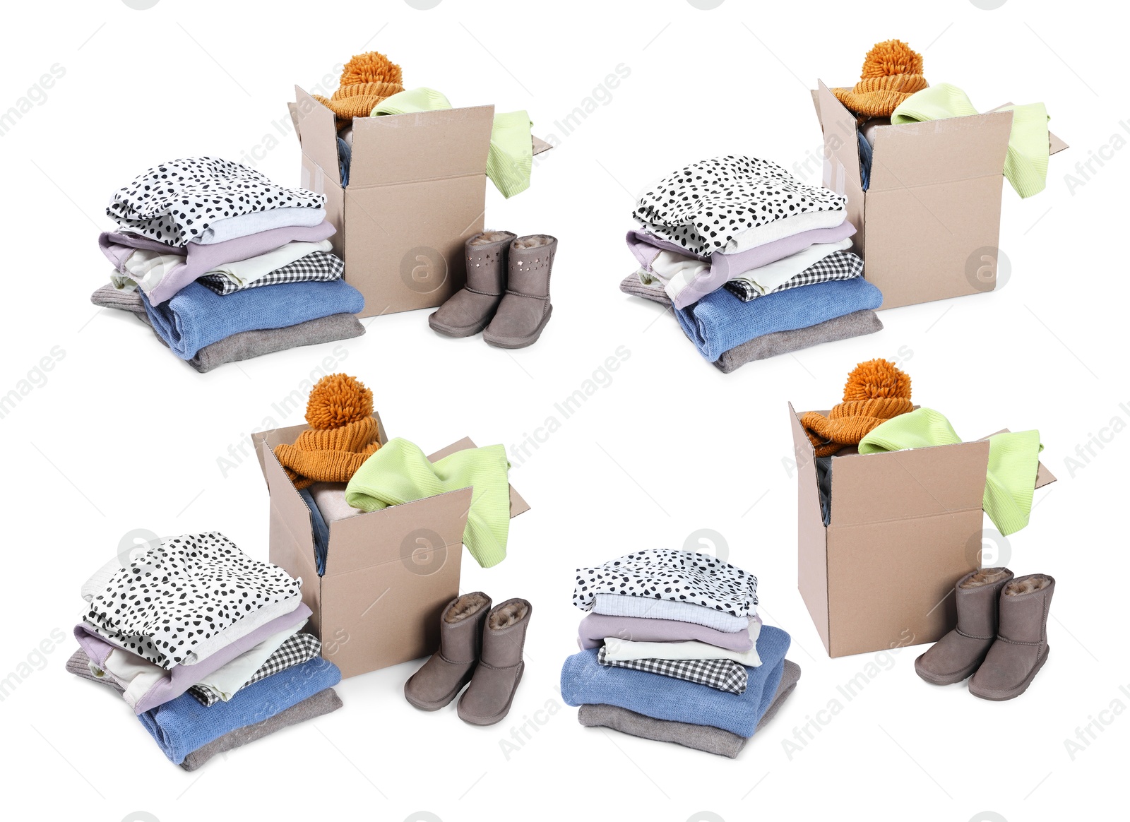 Used clothes and shoes isolated on white, collage Image of Used clothes and shoes isolated on white, collage