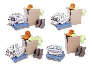 Image of Used clothes and shoes isolated on white, collage