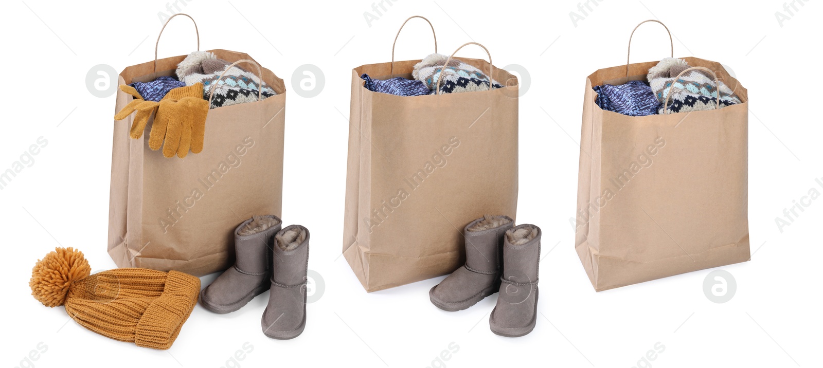Used clothes and shoes isolated on white, collage Image of Used clothes and shoes isolated on white, collage