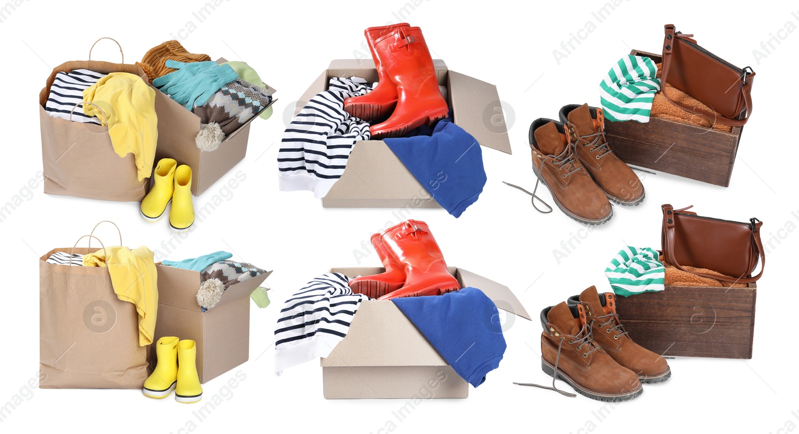 Used clothes and shoes isolated on white, collage Image of Used clothes and shoes isolated on white, collage