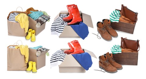 Image of Used clothes and shoes isolated on white, collage
