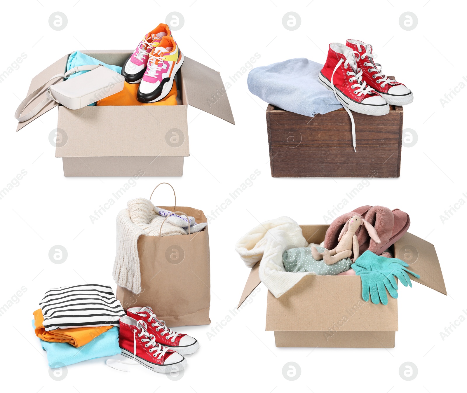 Used clothes and shoes isolated on white, collage Image of Used clothes and shoes isolated on white, collage