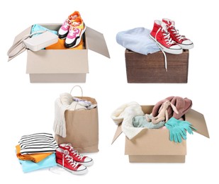 Image of Used clothes and shoes isolated on white, collage