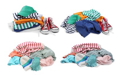 Image of Used clothes and shoes isolated on white, collage