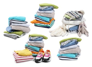 Image of Used clothes and shoes isolated on white, collage