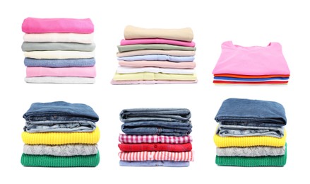 Image of Stacks of folded used clothes isolated on white, collage