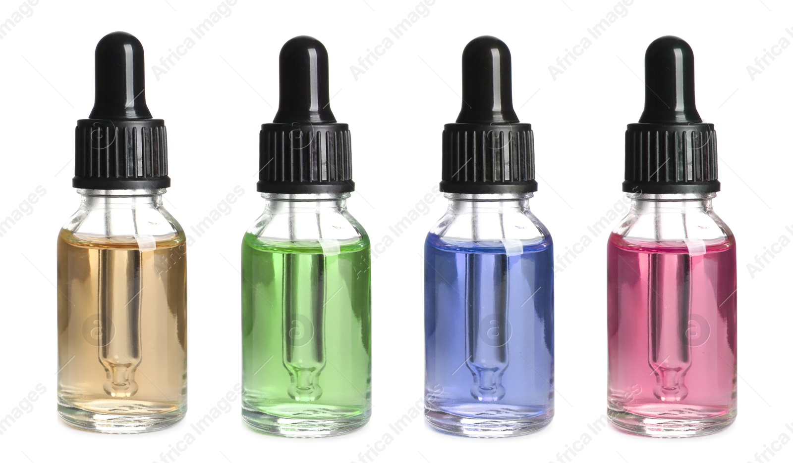 Different tinctures in bottles isolated on white, set Image of Different tinctures in bottles isolated on white, set