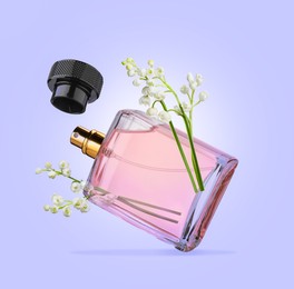Image of Lilies of the valley and bottle of perfume in air on light blue violet background