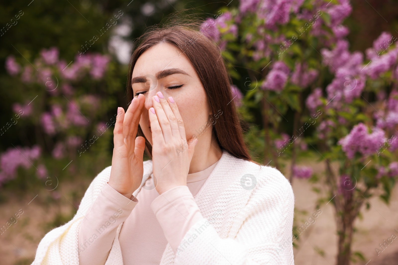 Woman suffering from seasonal pollen allergy near blossoming shrub on spring day Photo of Woman suffering from seasonal pollen allergy near blossoming shrub on spring day