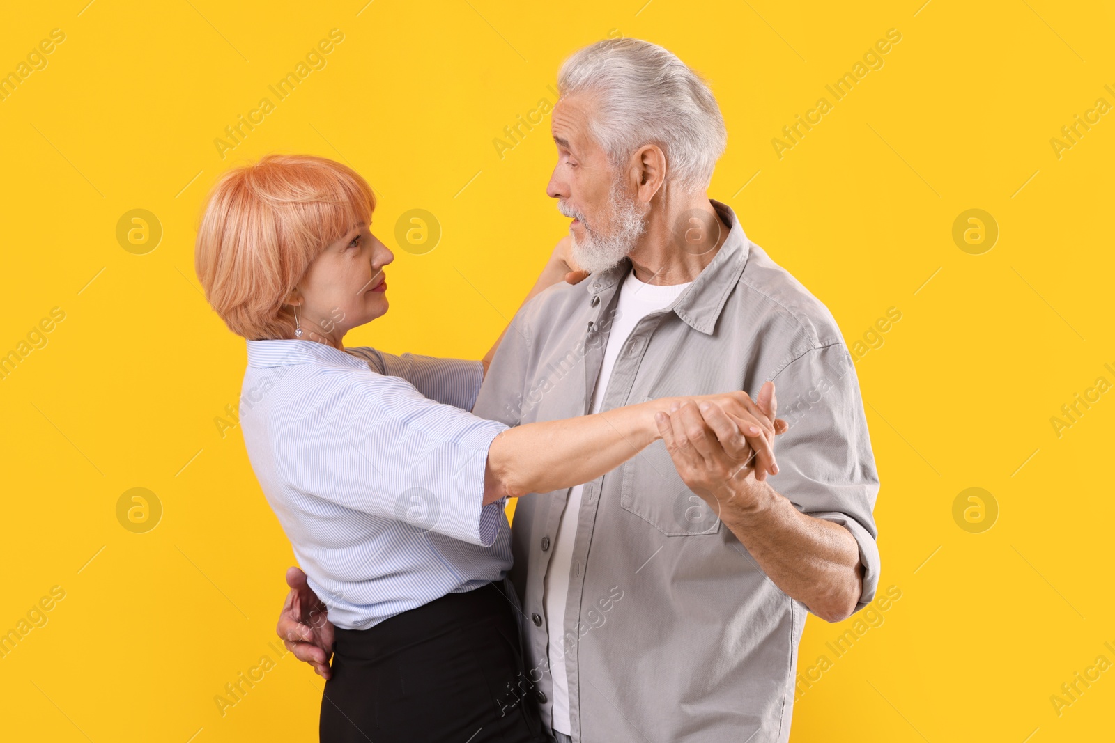 Lovely senior couple together on yellow background Photo of Lovely senior couple together on yellow background
