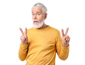 Photo of Elderly man showing v-signs on white background