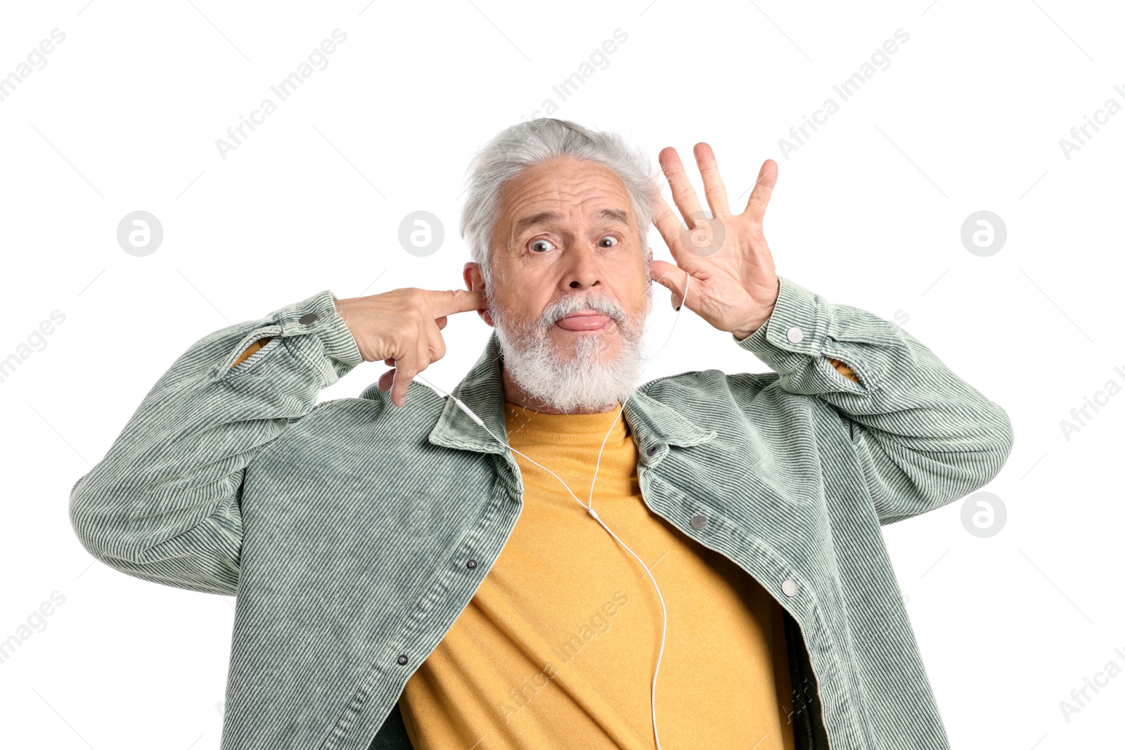 Elderly man with earphones on white background Photo of Elderly man with earphones on white background