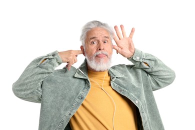Photo of Elderly man with earphones on white background