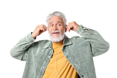 Photo of Elderly man with earphones on white background