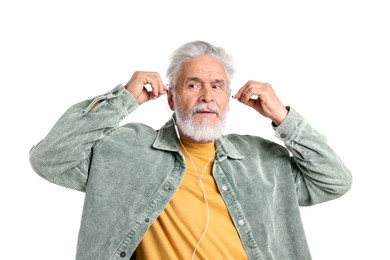 Photo of Elderly man with earphones on white background