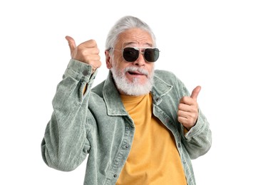 Photo of Elderly man in stylish outfit showing thumbs up on white background
