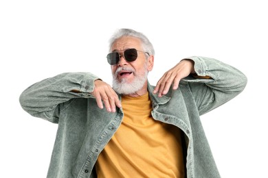 Photo of Elderly man in stylish outfit on white background