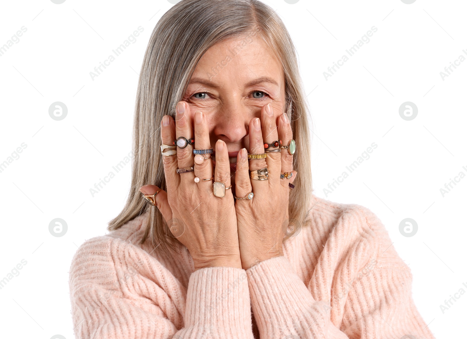 Senior woman wearing different rings on white background Photo of Senior woman wearing different rings on white background