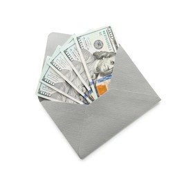 Photo of Money bonus. Envelope with dollar banknotes isolated on white, top view