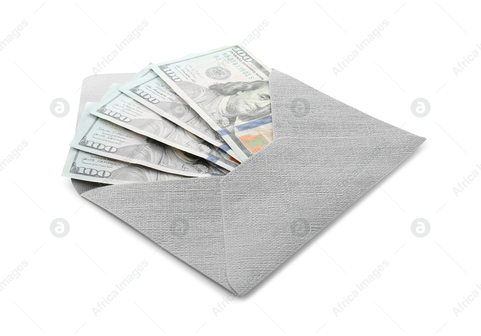 Money bonus. Envelope with dollar banknotes isolated on white Photo of Money bonus. Envelope with dollar banknotes isolated on white