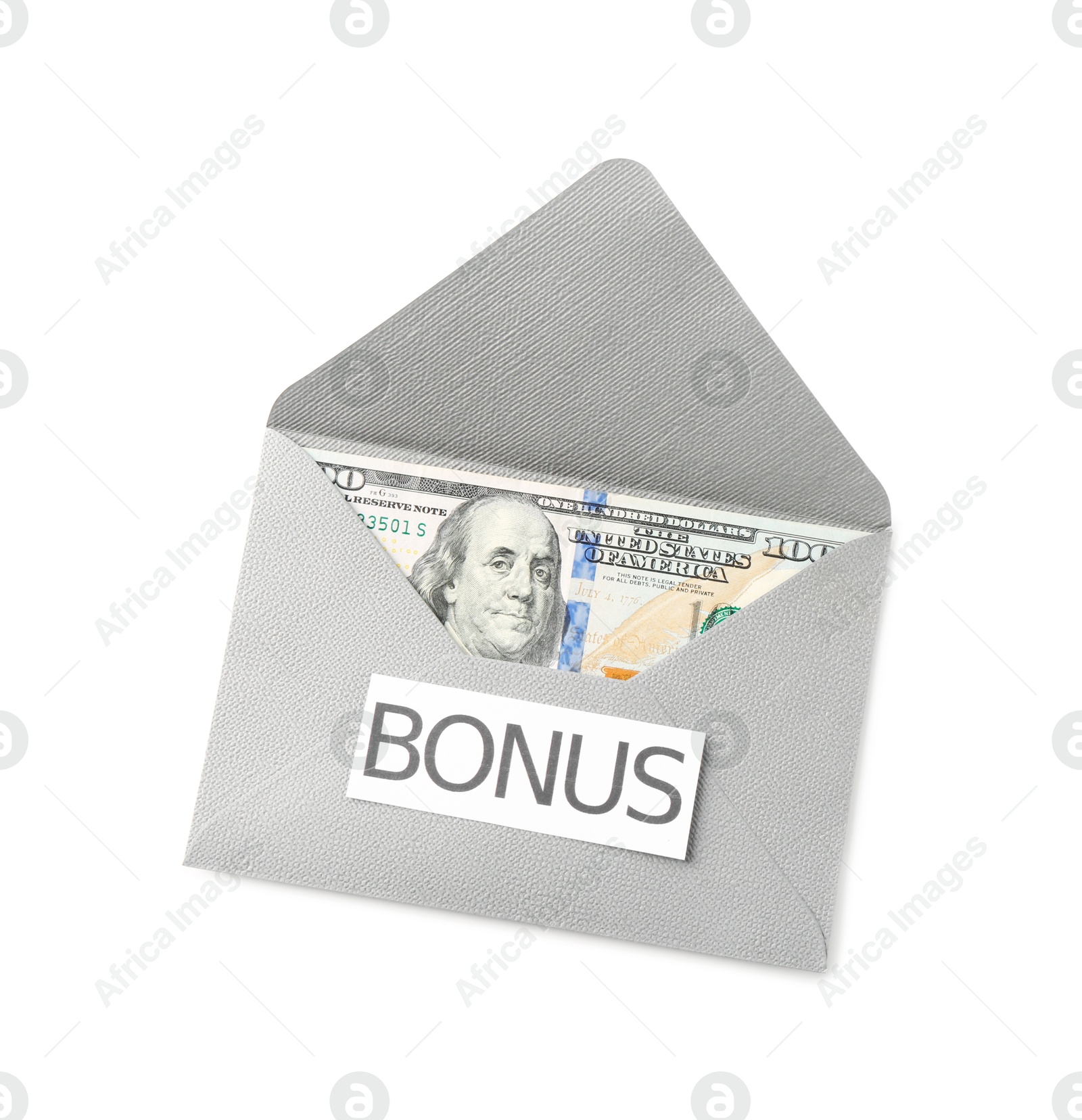 Envelope with word Bonus and dollar banknotes isolated on white, top view Photo of Envelope with word Bonus and dollar banknotes isolated on white, top view