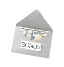 Photo of Envelope with word Bonus and dollar banknotes isolated on white, top view