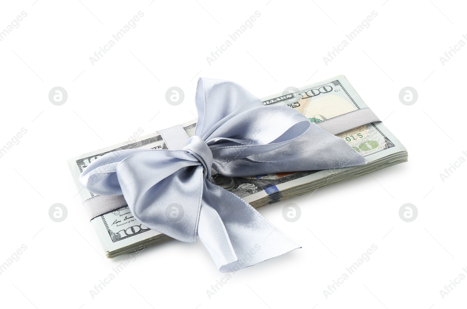 Money bonus. Dollar banknotes with bow isolated on white Photo of Money bonus. Dollar banknotes with bow isolated on white