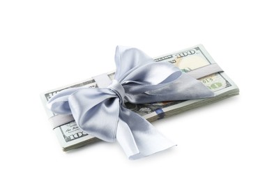 Photo of Money bonus. Dollar banknotes with bow isolated on white