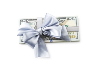 Photo of Money bonus. Dollar banknotes with bow isolated on white, top view