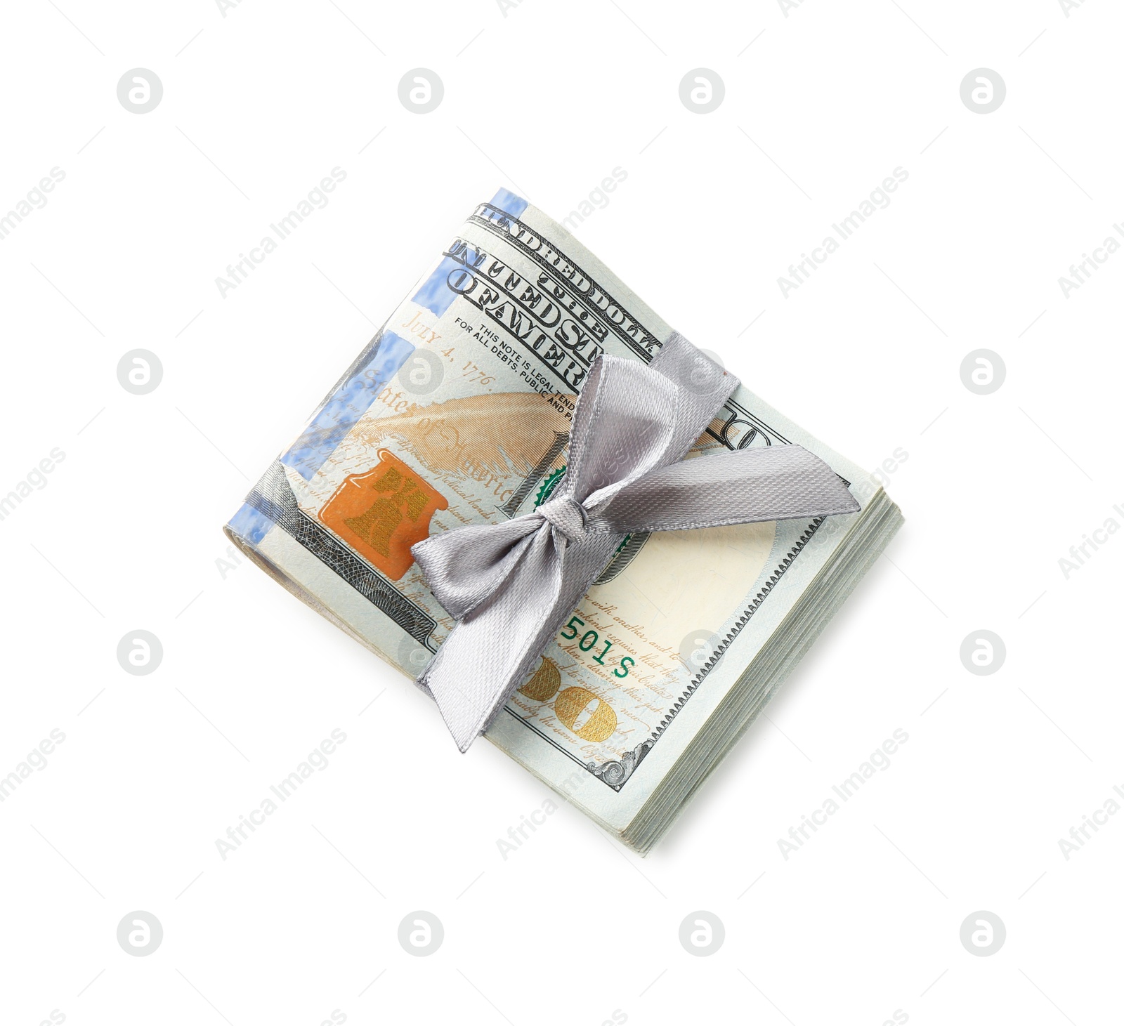 Money bonus. Dollar banknotes with bow isolated on white, top view Photo of Money bonus. Dollar banknotes with bow isolated on white, top view