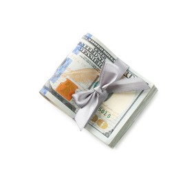 Photo of Money bonus. Dollar banknotes with bow isolated on white, top view