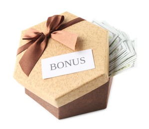Photo of Gift box with word Bonus and dollar banknotes isolated on white
