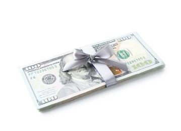 Photo of Money bonus. Dollar banknotes with bow isolated on white