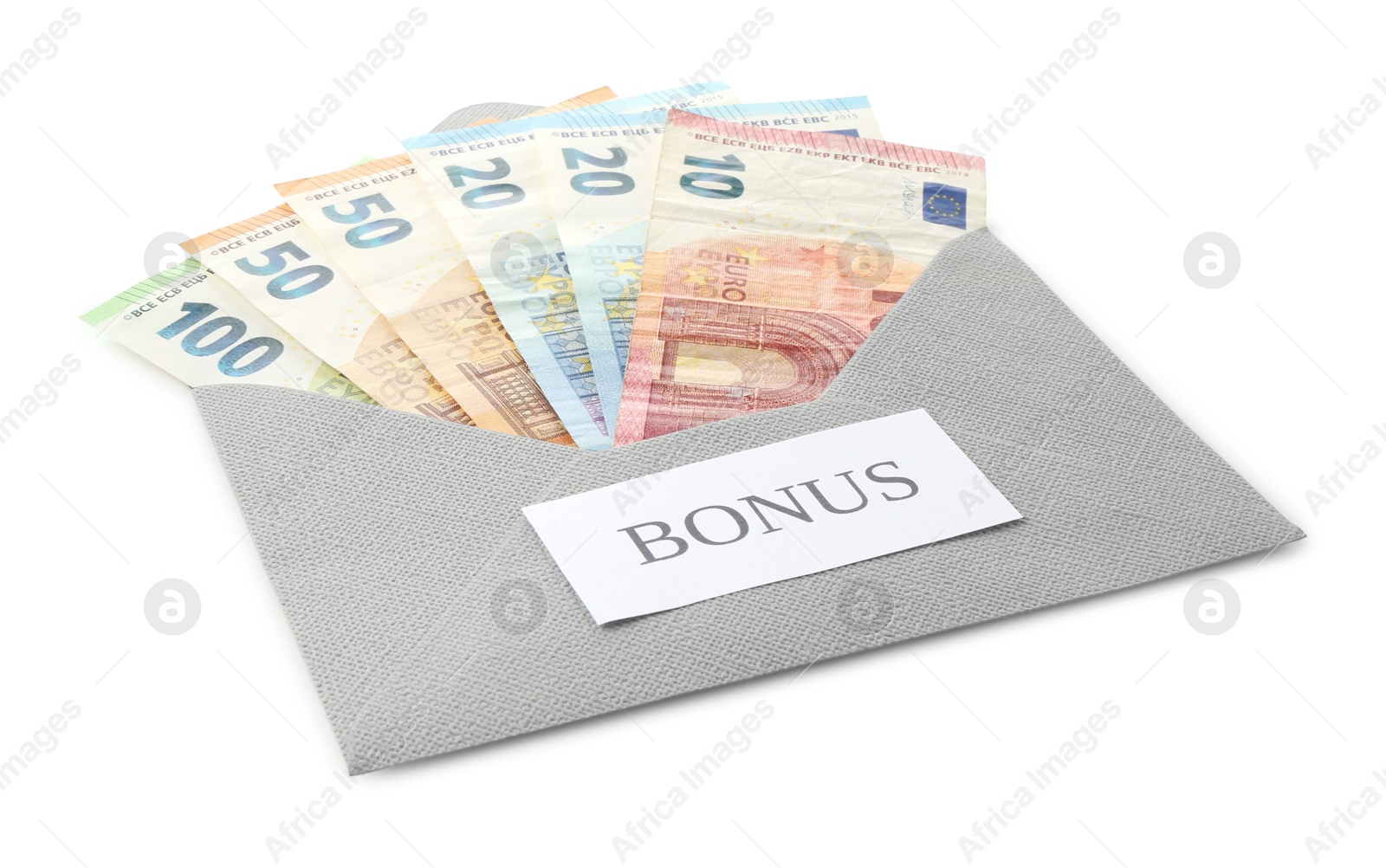 Envelope with word Bonus and euro banknotes isolated on white Photo of Envelope with word Bonus and euro banknotes isolated on white